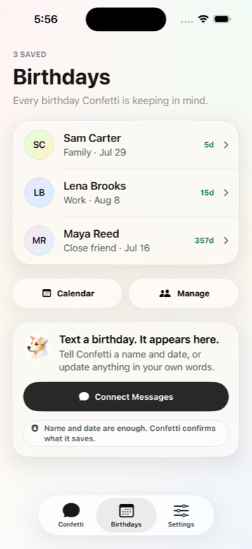 Confetti Birthdays list on iPhone